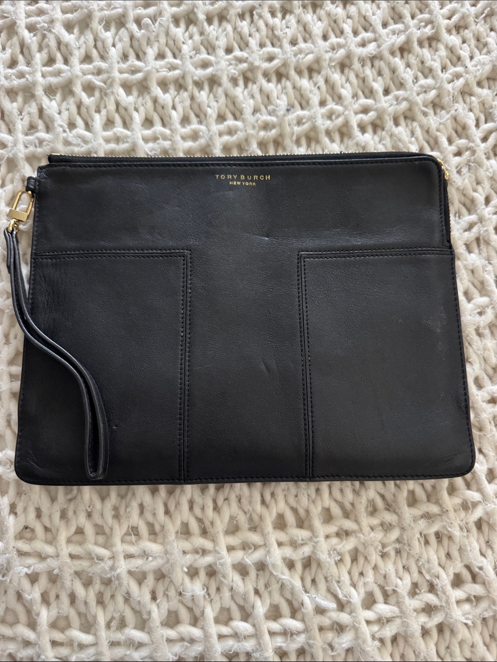 Tory Burch Black Leather Wristlet Pouch with Gold Logo